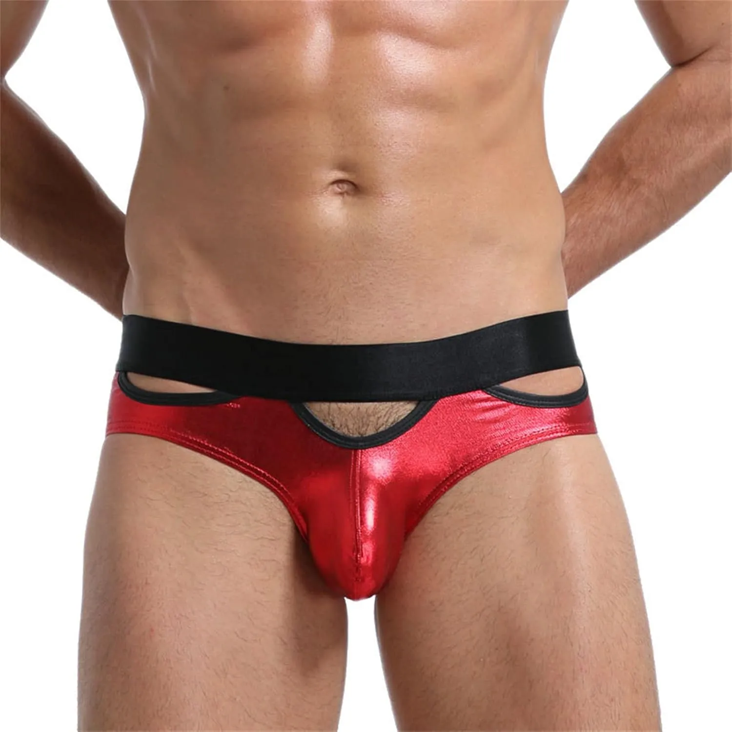 JEsilunmaMY Mens Shiny Leather Underwear Low Rise Hollow Out Bulge Pouch Boxer Briefs Athletic Supporter Jockstrap Underpants
