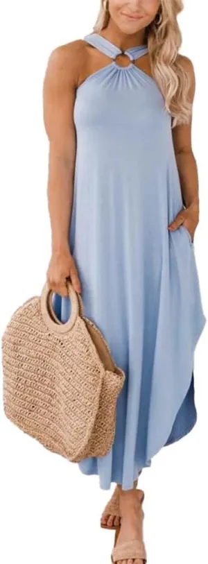 KEOMUD Women's Summer Casual Loose Criss Cross Sundress Sleeveless Split Halter Maxi Beach Dress with Pockets