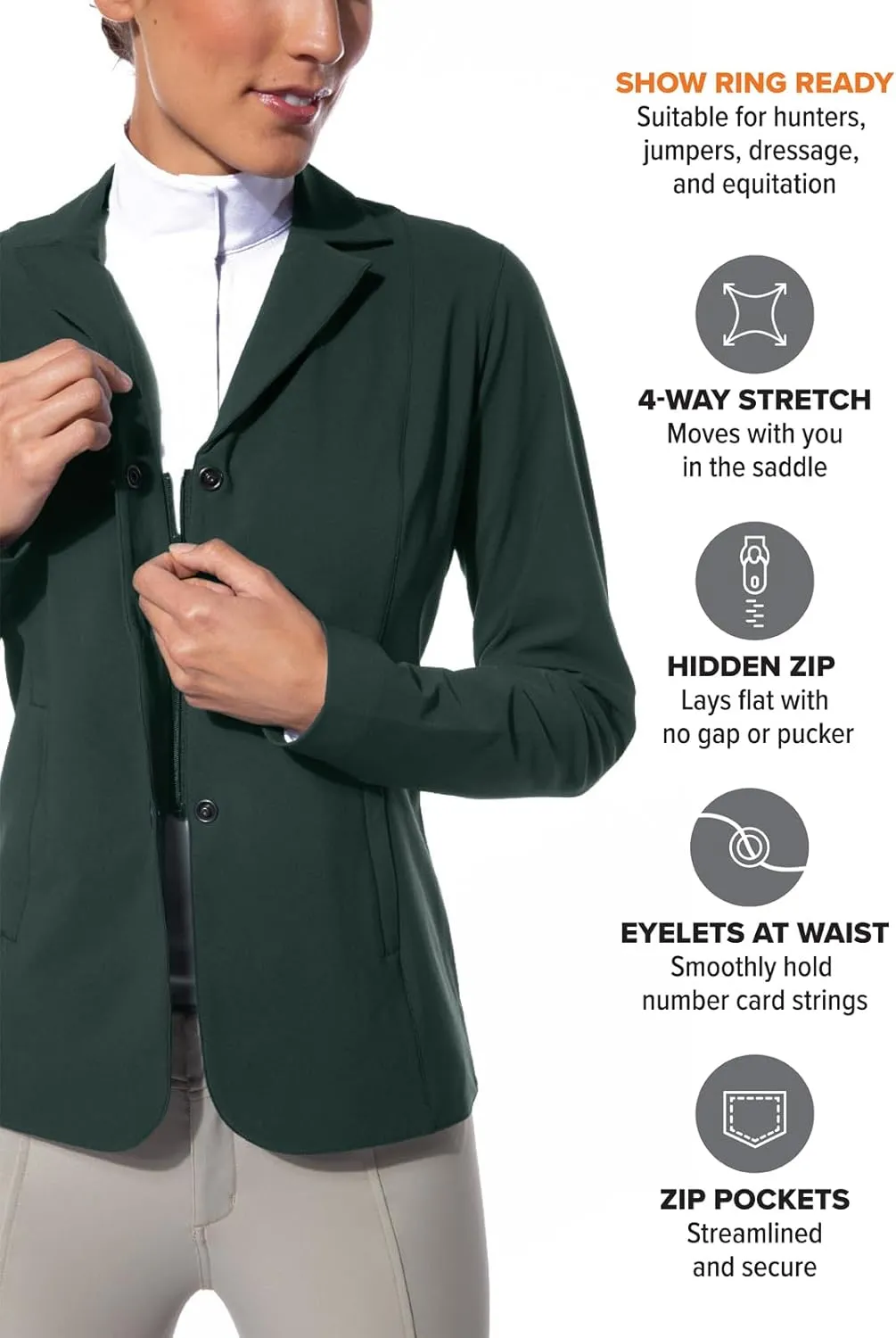Kerrits Women's Equestrian Stretch Competitor Coat  3-Snap, Lightweight English Horse Show Jacket, Machine Wash