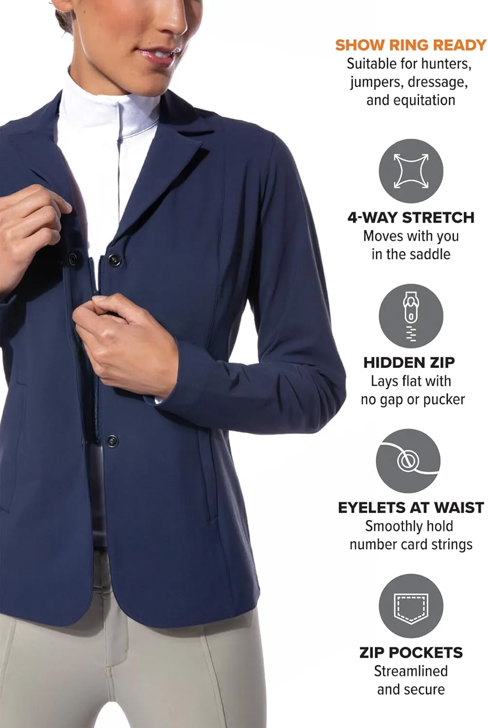 Kerrits Women's Equestrian Stretch Competitor Coat  3-Snap, Lightweight English Horse Show Jacket, Machine Wash