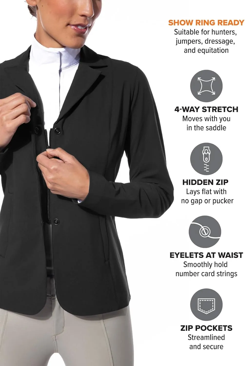 Kerrits Women's Equestrian Stretch Competitor Coat  3-Snap, Lightweight English Horse Show Jacket, Machine Wash
