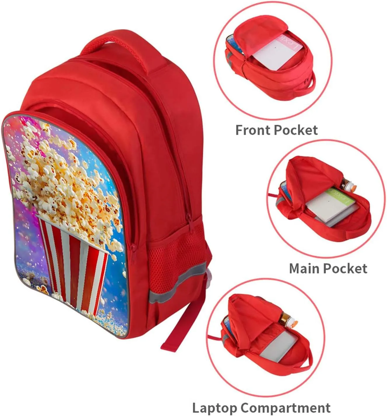 Kids Backpack for Boys Girls, Children Teens Back Pack for Elementary Primary, Red Bookbag with Popcorn Bucket, Perfect for School Bag and Everyday Use, Lightweight and Durable