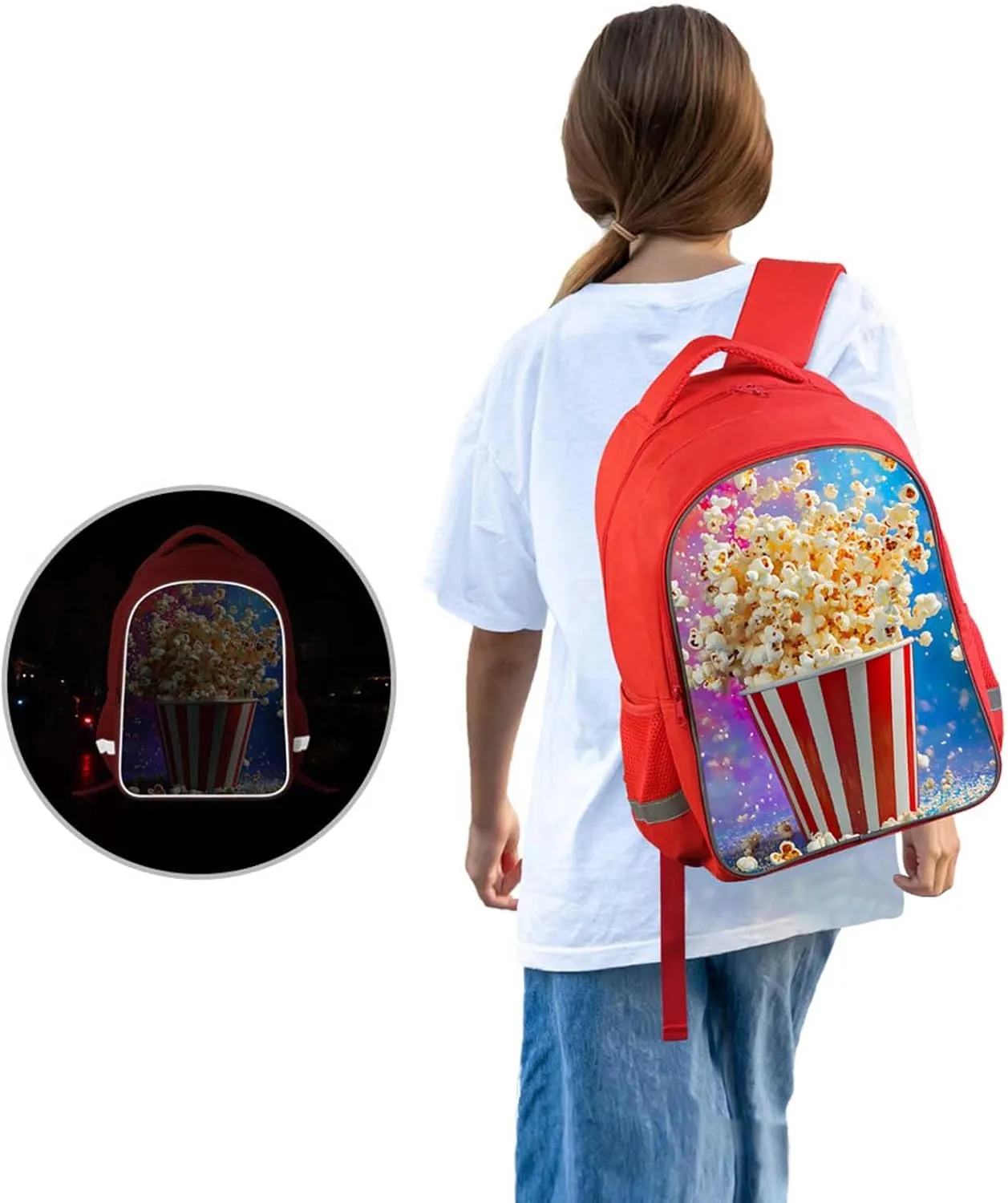 Kids Backpack for Boys Girls, Children Teens Back Pack for Elementary Primary, Red Bookbag with Popcorn Bucket, Perfect for School Bag and Everyday Use, Lightweight and Durable