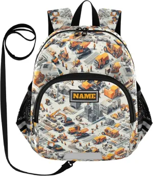 KLL Custom Cute Ears Toddler Backpack Leash Boy's Girl's Anti-Lost Personalized Mini Bookbag with Reflective Strip M Construction Scene Plant Building Bulldozer Tower Crane