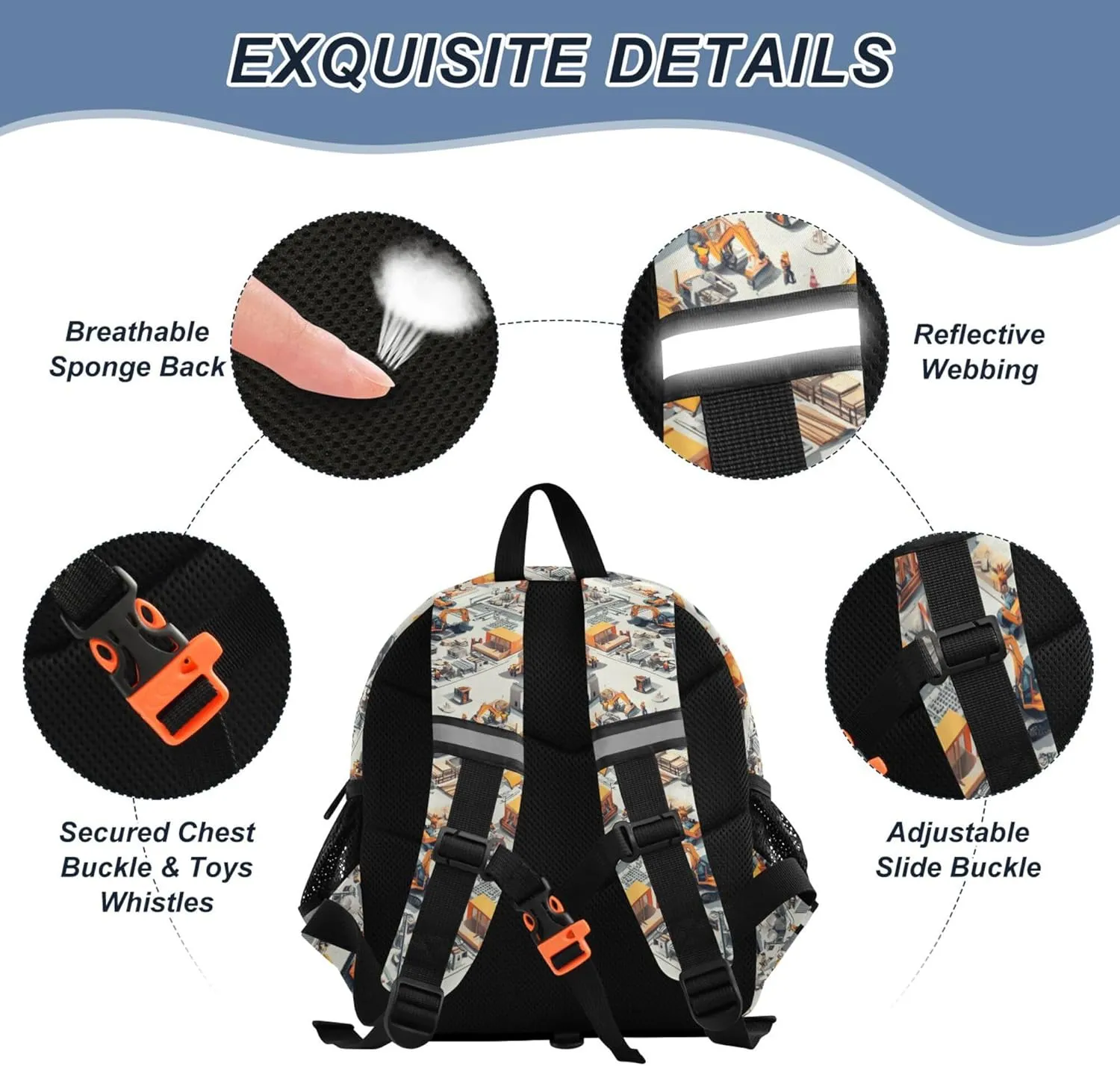 KLL Custom Cute Ears Toddler Backpack Leash Boy's Girl's Anti-Lost Personalized Mini Bookbag with Reflective Strip M Construction Scene Plant Building Bulldozer Tower Crane
