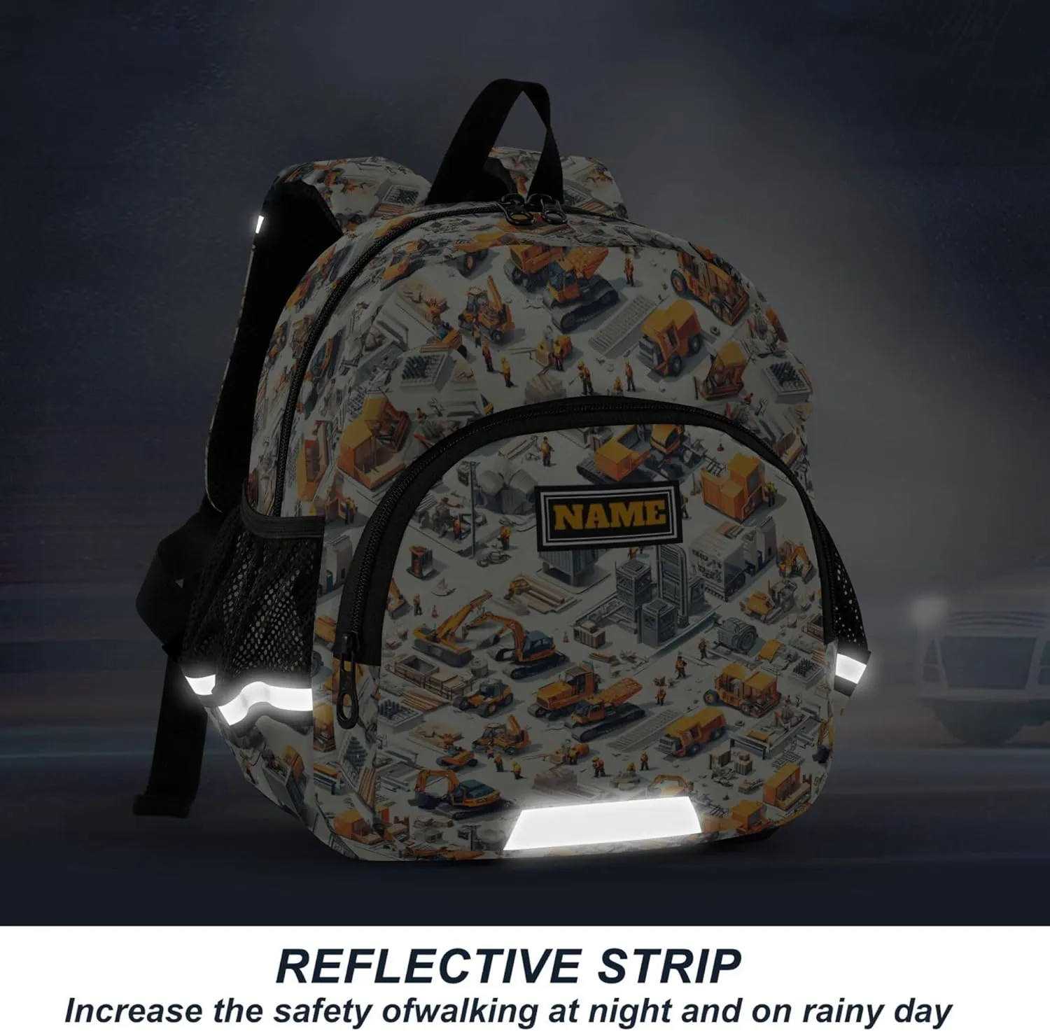 KLL Custom Cute Ears Toddler Backpack Leash Boy's Girl's Anti-Lost Personalized Mini Bookbag with Reflective Strip M Construction Scene Plant Building Bulldozer Tower Crane