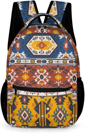 KOYI Western Backpack Bright Aztec Print Backpack for Kids, Vintage Tribal Ethnic Aztec School Backpack, Water Resistant Travel Laptop Backpacks for Girls Boys Teens, 16.5 Inch, Blue Yellow