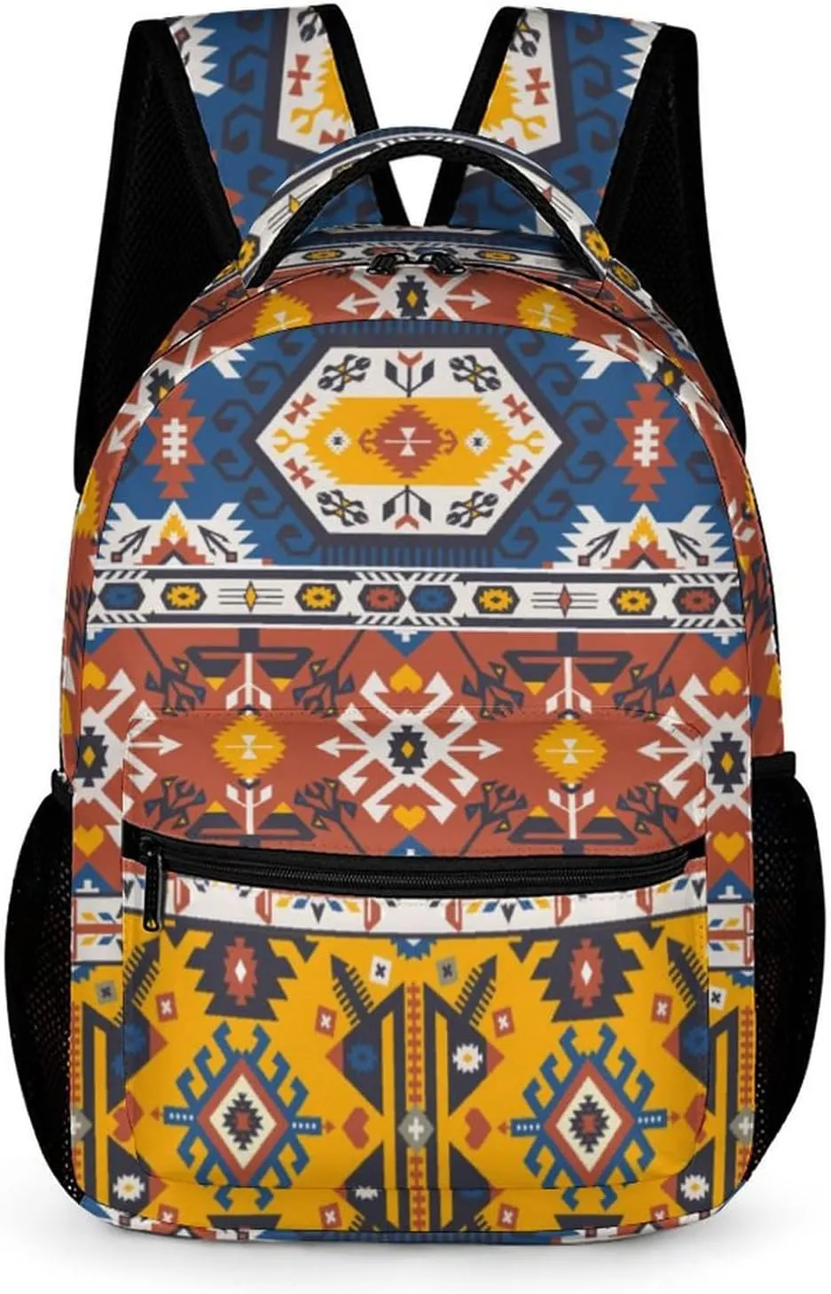 KOYI Western Backpack Bright Aztec Print Backpack for Kids, Vintage Tribal Ethnic Aztec School Backpack, Water Resistant Travel Laptop Backpacks for Girls Boys Teens, 16.5 Inch, Blue Yellow