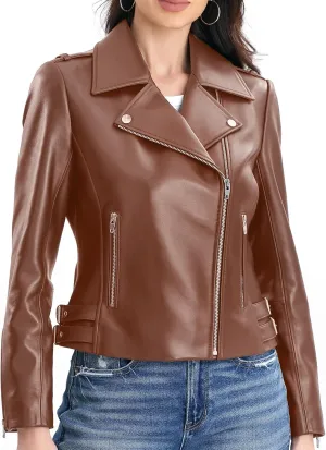 Lambskin Leather Jacket Women,Motorcycle Jacket,Asymmetrical Zip Style,Buckle Belts,Quilted Details