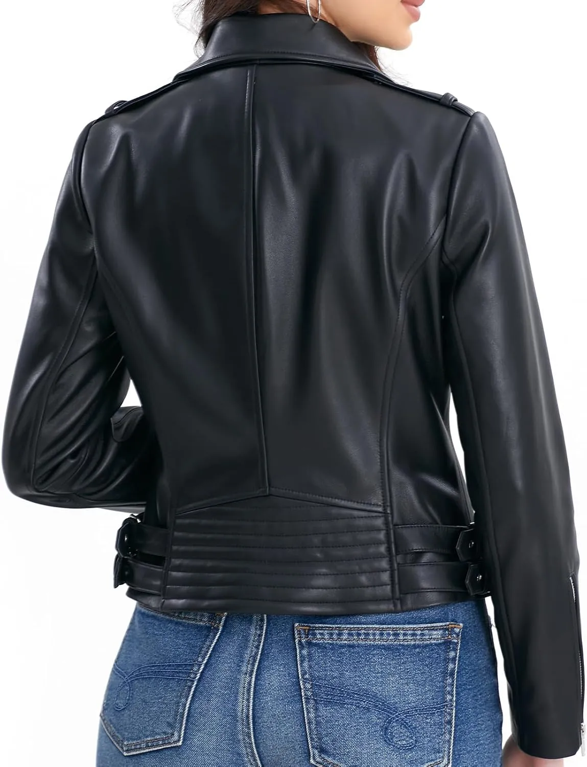 Lambskin Leather Jacket Women,Motorcycle Jacket,Asymmetrical Zip Style,Buckle Belts,Quilted Details