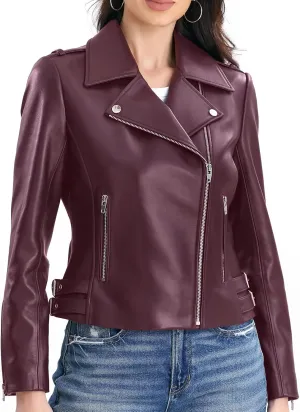 Lambskin Leather Jacket Women,Motorcycle Jacket,Asymmetrical Zip Style,Buckle Belts,Quilted Details