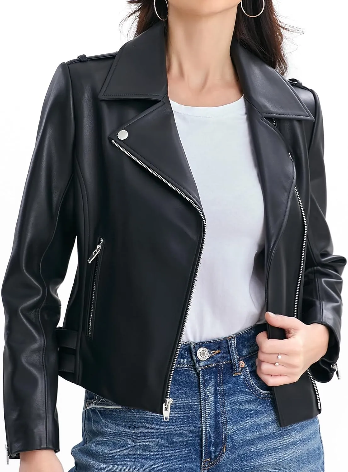 Lambskin Leather Jacket Women,Motorcycle Jacket,Asymmetrical Zip Style,Buckle Belts,Quilted Details