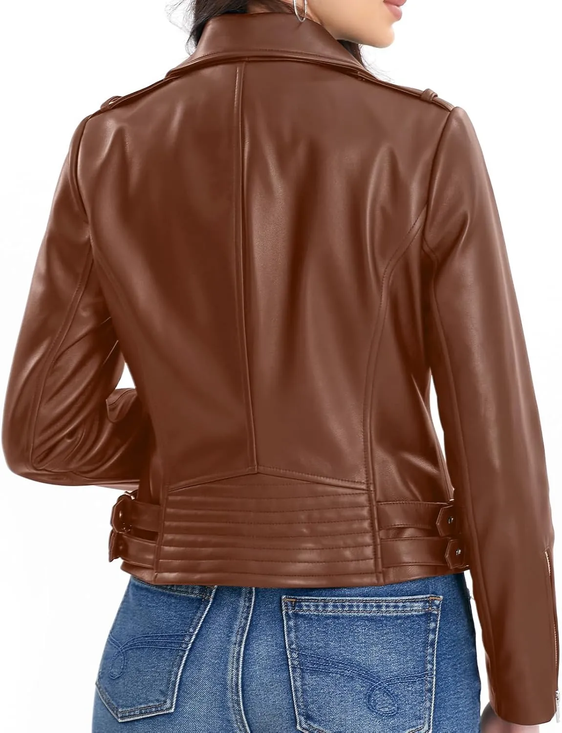 Lambskin Leather Jacket Women,Motorcycle Jacket,Asymmetrical Zip Style,Buckle Belts,Quilted Details
