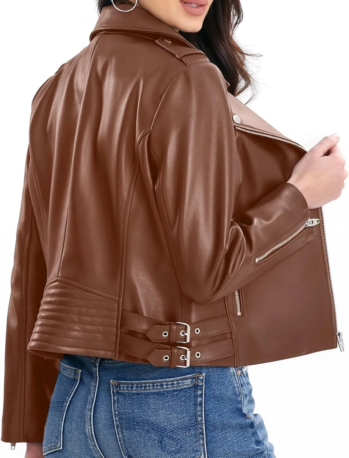 Lambskin Leather Jacket Women,Motorcycle Jacket,Asymmetrical Zip Style,Buckle Belts,Quilted Details