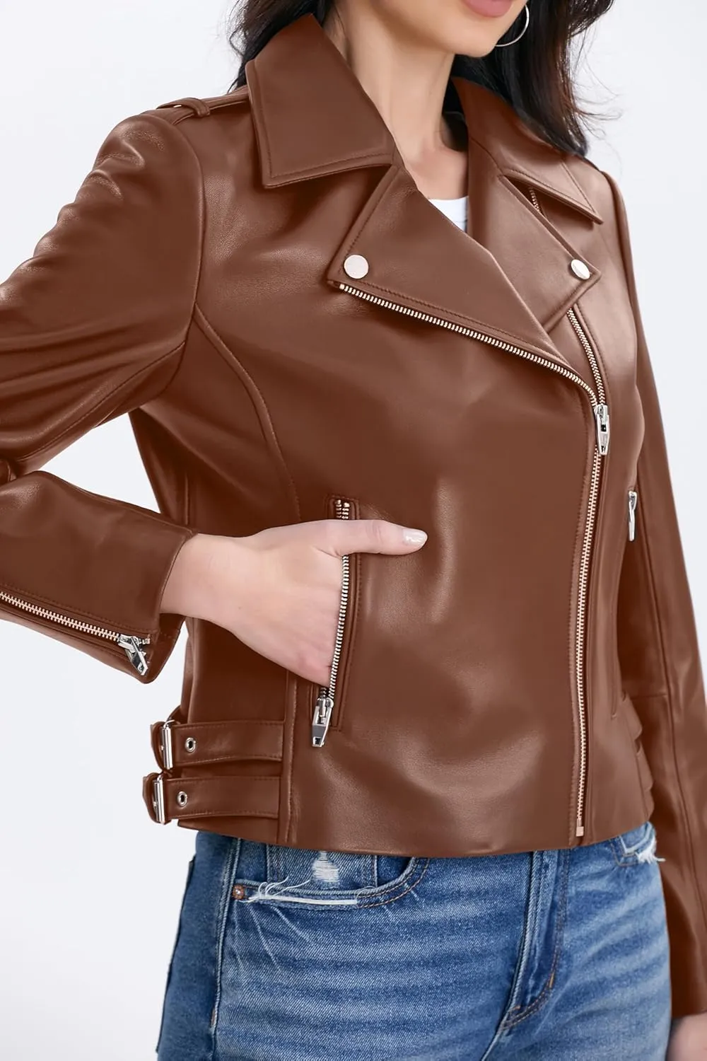 Lambskin Leather Jacket Women,Motorcycle Jacket,Asymmetrical Zip Style,Buckle Belts,Quilted Details
