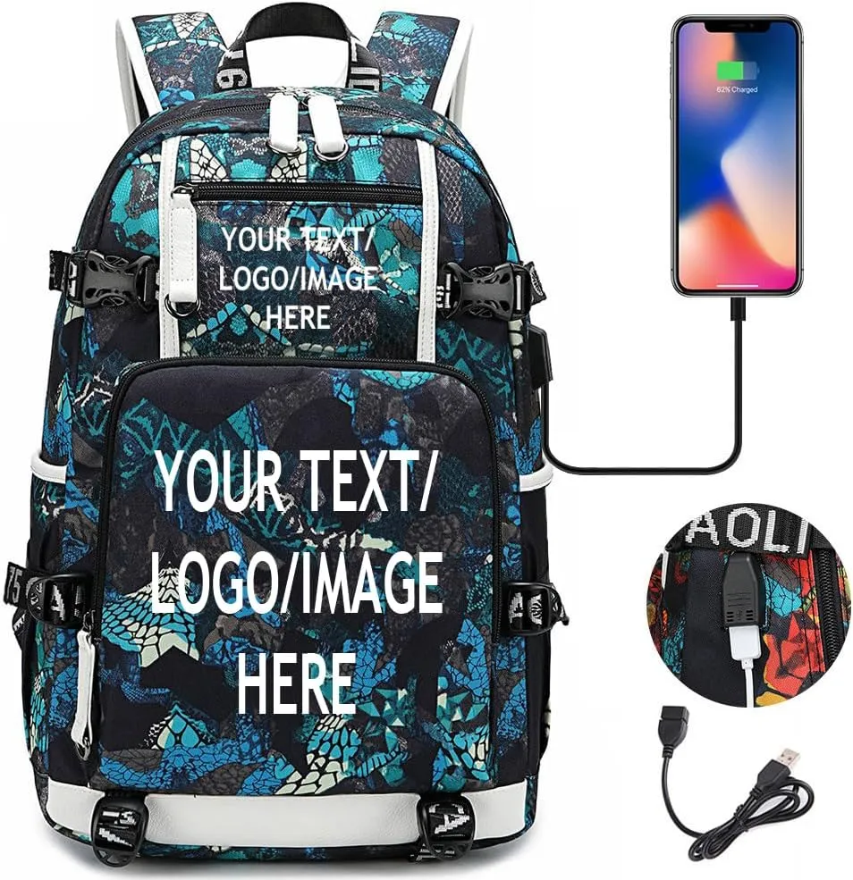 Large Capacity Custom Laptop Backpack With USB Charging Port, Personalized College Bag, Durable Outdoor Bags Mochila (Mixed Color Blue)