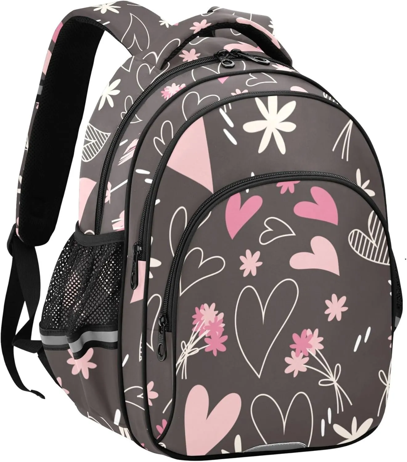 Large Casual Daypack for Men Women - Pink Black Stylized Heart Lightweight Travel Laptop Backpack Shoulder Bag Hiking Backpacks