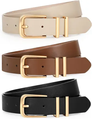 LEACOOLKEY 3 Pack Women's Leather Belts for Jeans Dress Pants Fashion Ladies Leather Belts with Gold/Sliver Buckle