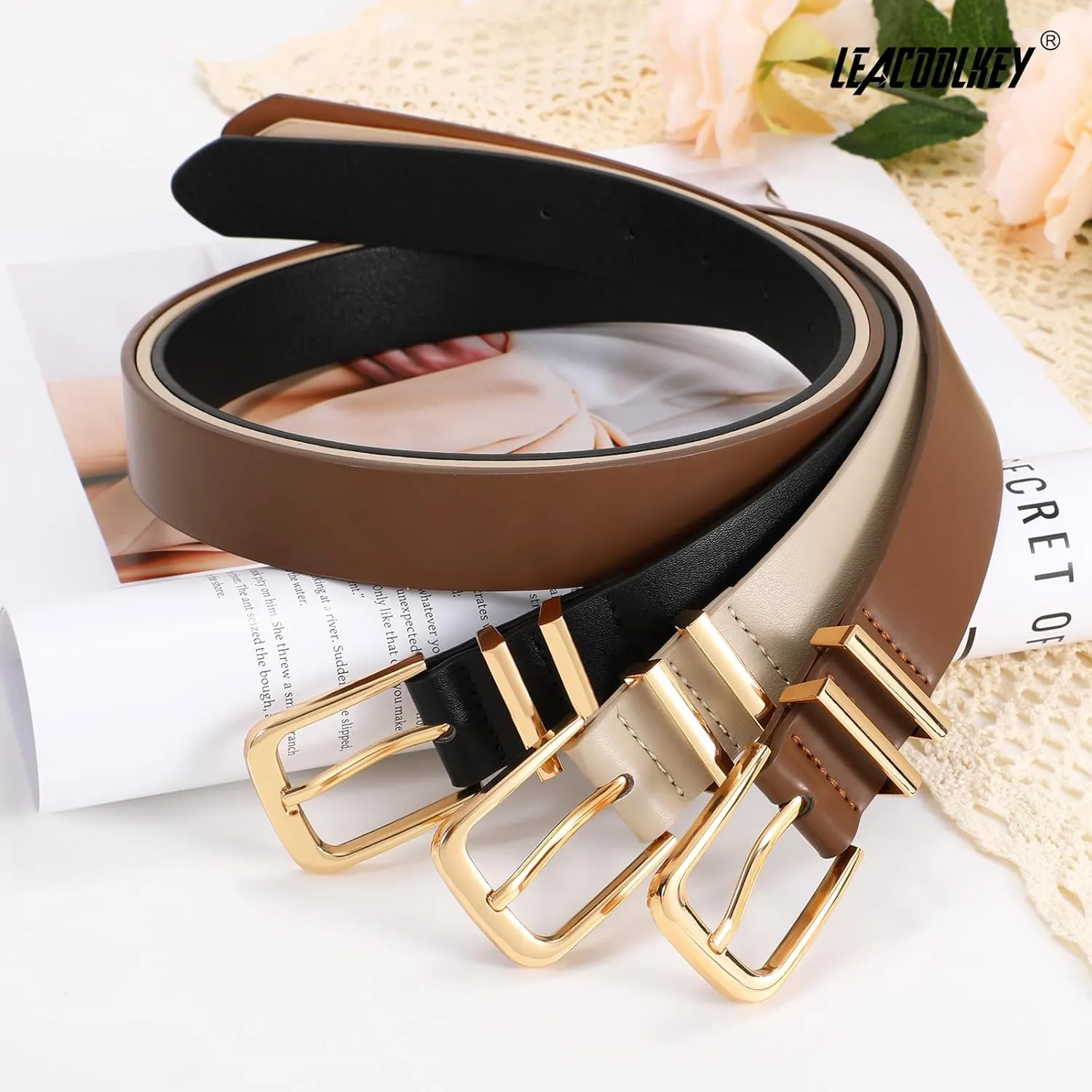 LEACOOLKEY 3 Pack Women's Leather Belts for Jeans Dress Pants Fashion Ladies Leather Belts with Gold/Sliver Buckle