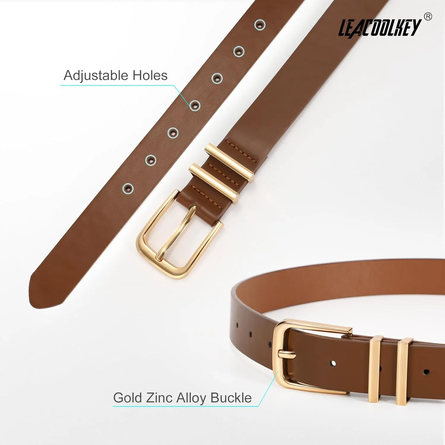 LEACOOLKEY 3 Pack Women's Leather Belts for Jeans Dress Pants Fashion Ladies Leather Belts with Gold/Sliver Buckle