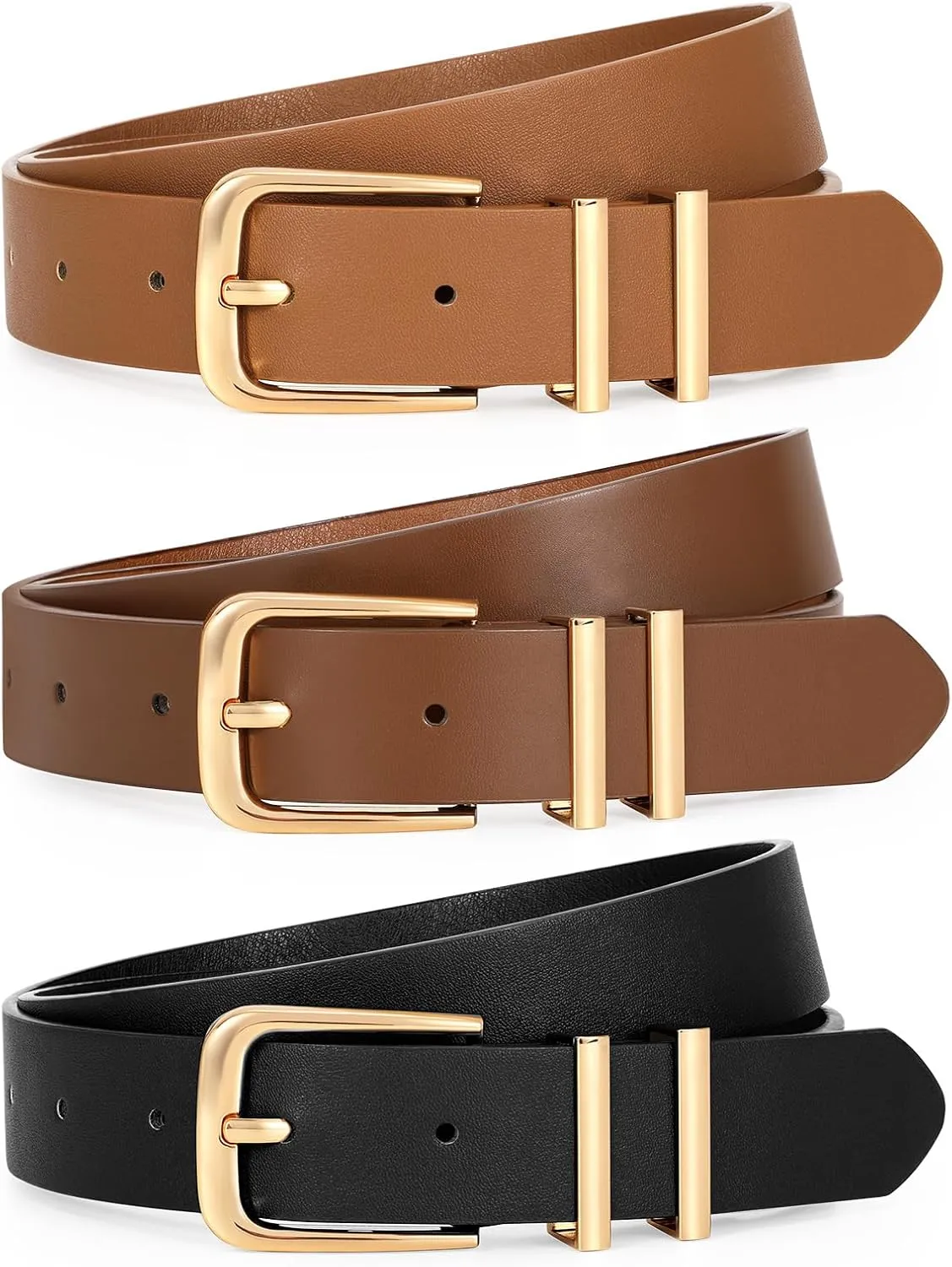 LEACOOLKEY 3 Pack Women's Leather Belts for Jeans Dress Pants Fashion Ladies Leather Belts with Gold/Sliver Buckle
