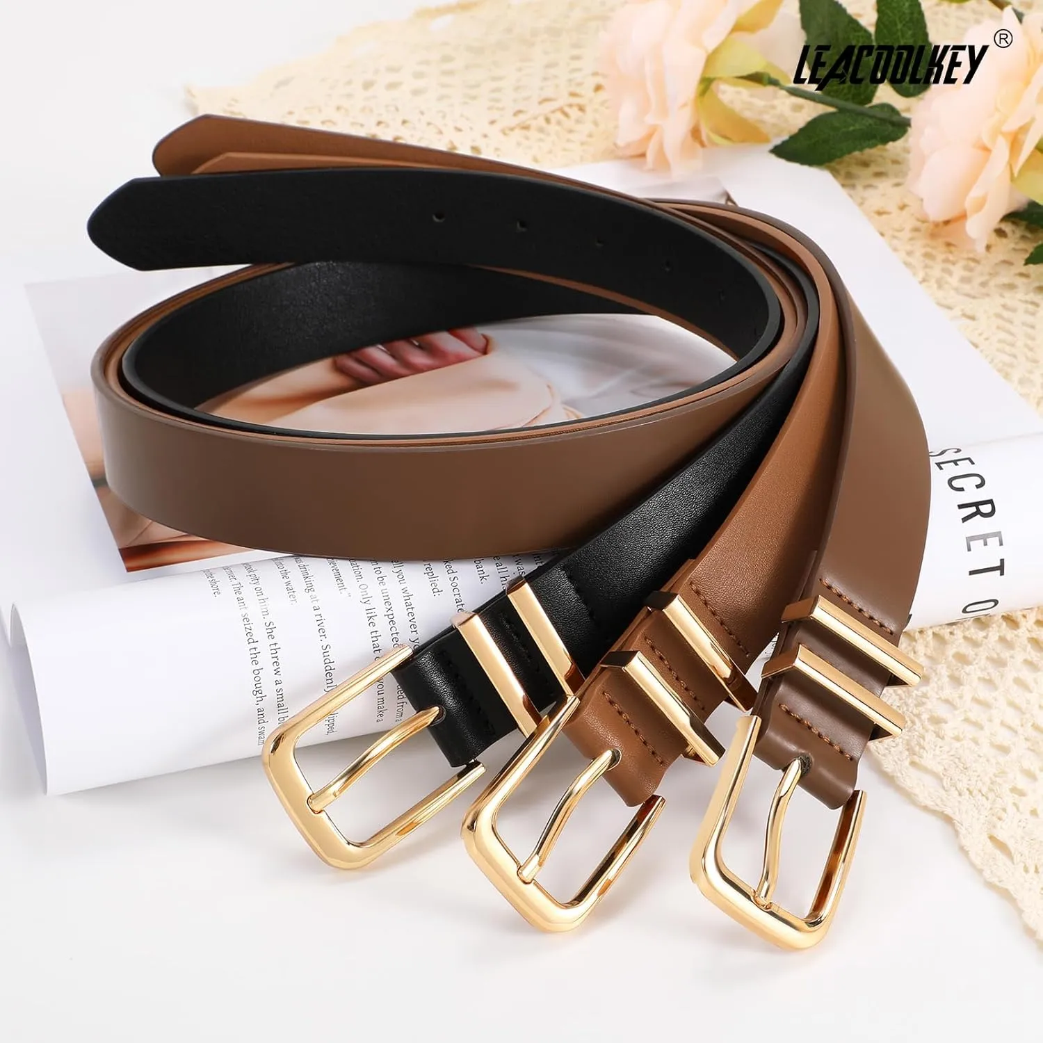 LEACOOLKEY 3 Pack Women's Leather Belts for Jeans Dress Pants Fashion Ladies Leather Belts with Gold/Sliver Buckle