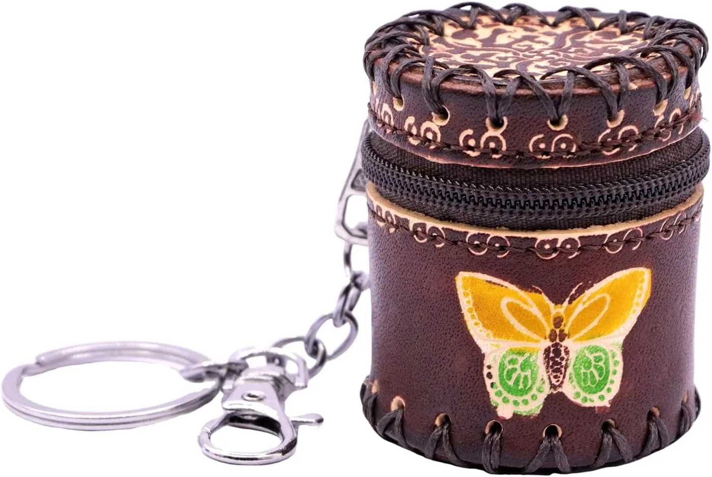 leather Mini Jewelry Box Keychain Bucket Bag, Travel Jewelry Case for Earrings, Rings, Necklaces Pendant, Change, Personalized Design (Brown)