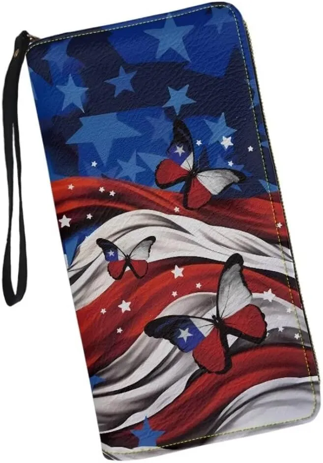 Leather Wristlet Wallet American Flag Butterfly Travel Purse Large Capacity Money Clips for Women Checkbook Cash Credit Card Holder Wallet