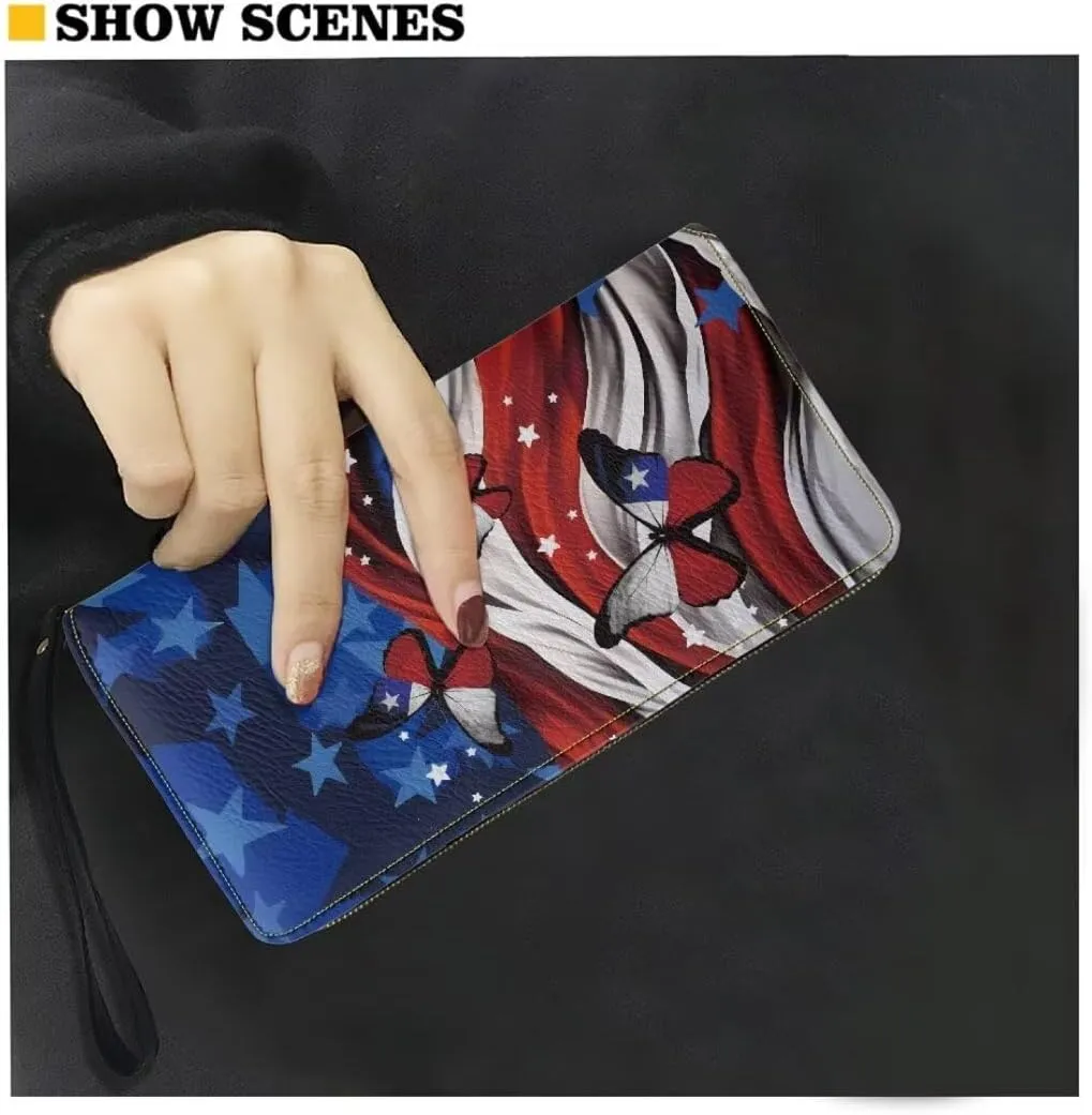 Leather Wristlet Wallet American Flag Butterfly Travel Purse Large Capacity Money Clips for Women Checkbook Cash Credit Card Holder Wallet