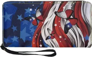 Leather Wristlet Wallet American Flag Butterfly Travel Purse Large Capacity Money Clips for Women Checkbook Cash Credit Card Holder Wallet