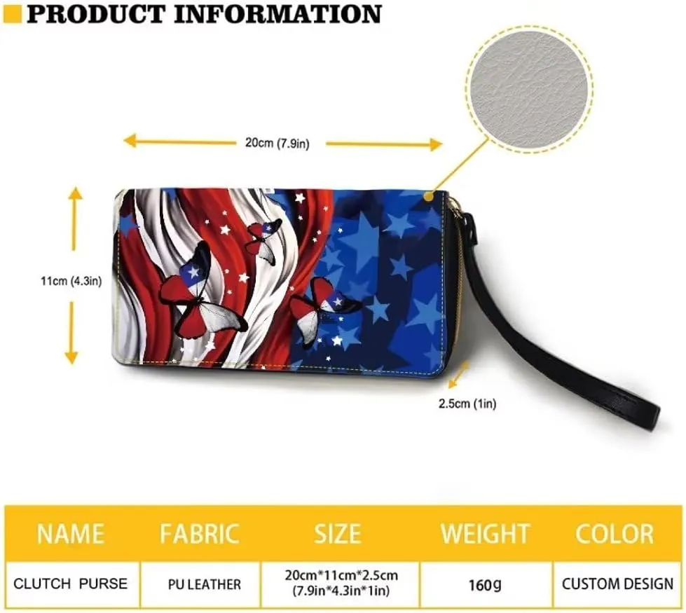 Leather Wristlet Wallet American Flag Butterfly Travel Purse Large Capacity Money Clips for Women Checkbook Cash Credit Card Holder Wallet