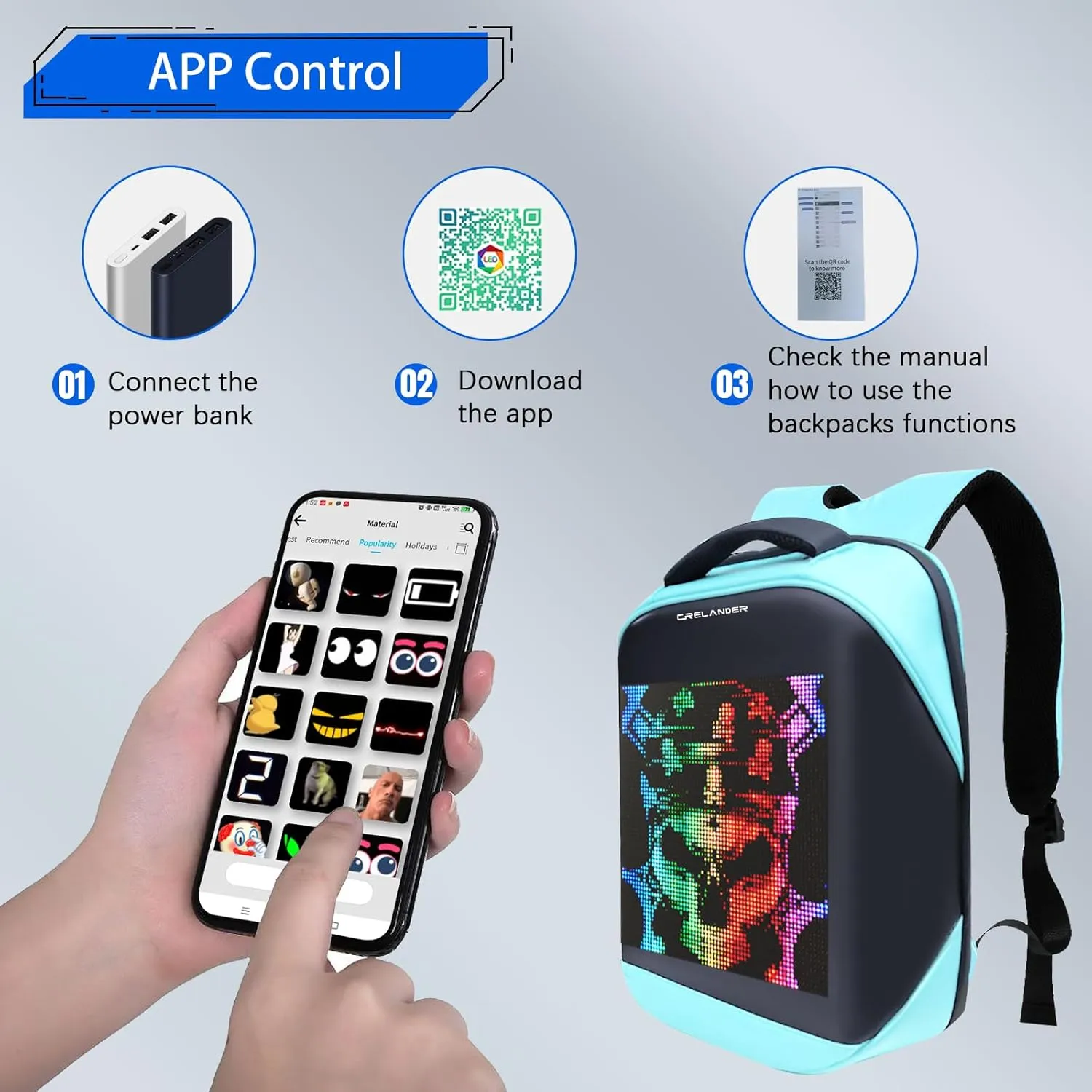 LED Backpack, Smart Dynamic Daypack with Programmable Screen Laptop Backpack Waterproof Commuter Bag for Travel Riding Work, 16 inch (blue)