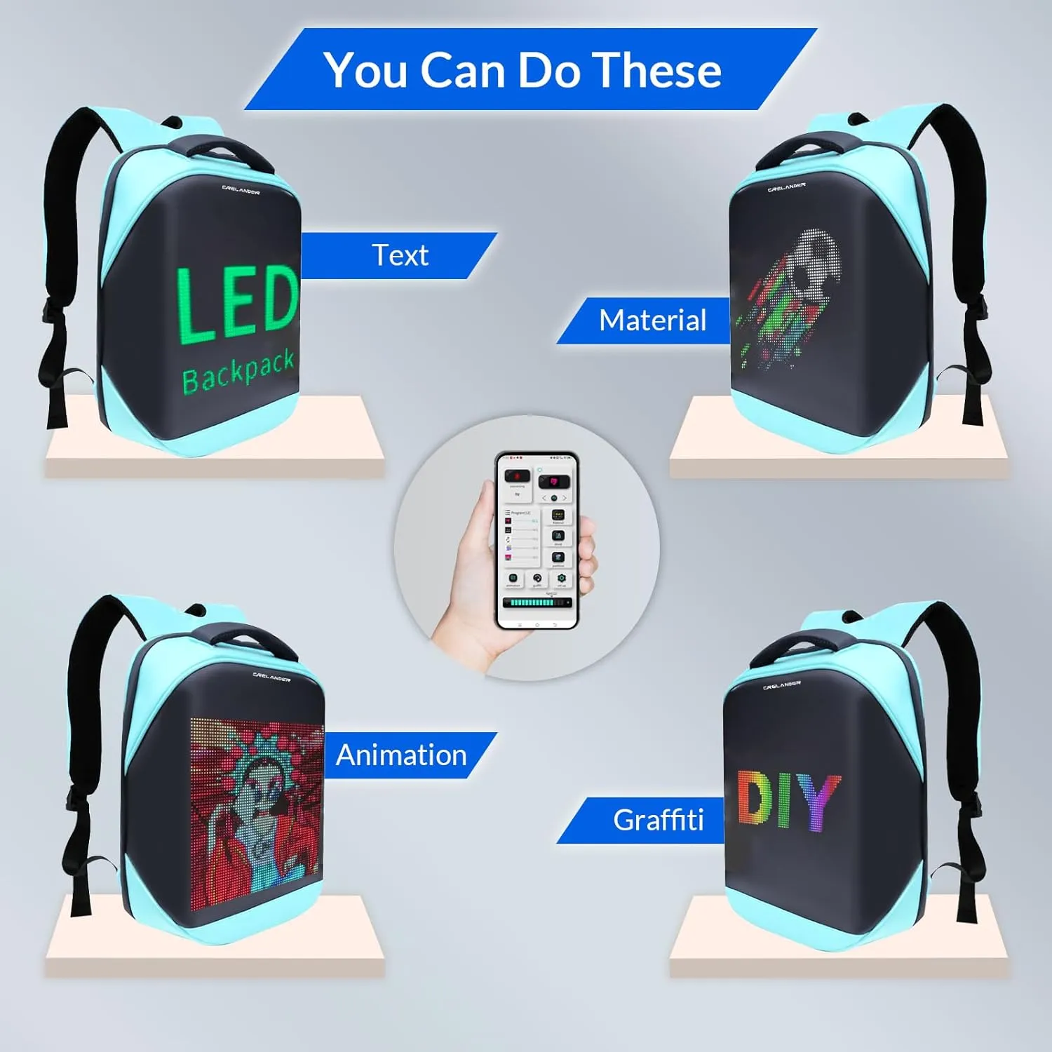 LED Backpack, Smart Dynamic Daypack with Programmable Screen Laptop Backpack Waterproof Commuter Bag for Travel Riding Work, 16 inch (blue)