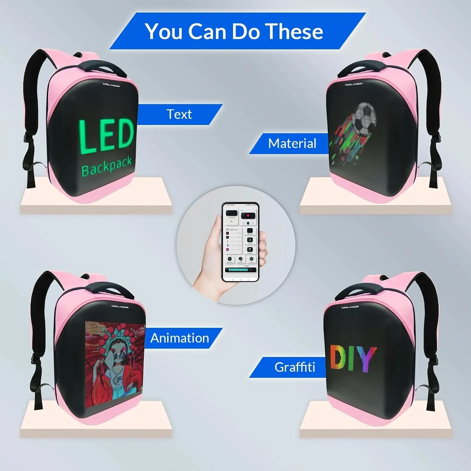 LED Backpack, Smart Dynamic Daypack with Programmable Screen Laptop Backpack Waterproof Commuter Bag for Travel Riding Work, 16 inch (pink)