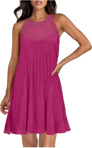 LEMONONSTORE Women Trendy Pleated Dresses Sleeveless Crochet Lace Halter Neck Sundress Casual Summer Flowy A Line Mini Dress