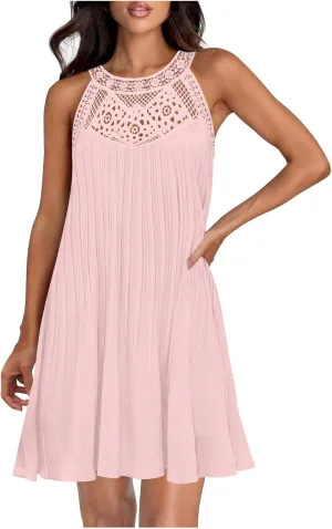 LEMONONSTORE Women Trendy Pleated Dresses Sleeveless Crochet Lace Halter Neck Sundress Casual Summer Flowy A Line Mini Dress