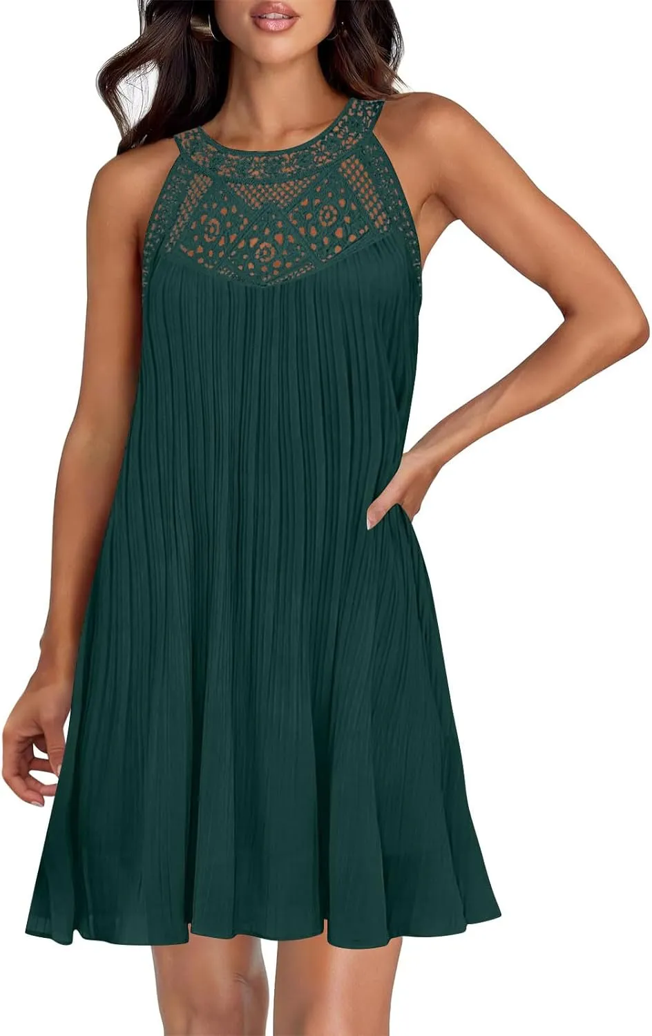 LEMONONSTORE Women Trendy Pleated Dresses Sleeveless Crochet Lace Halter Neck Sundress Casual Summer Flowy A Line Mini Dress