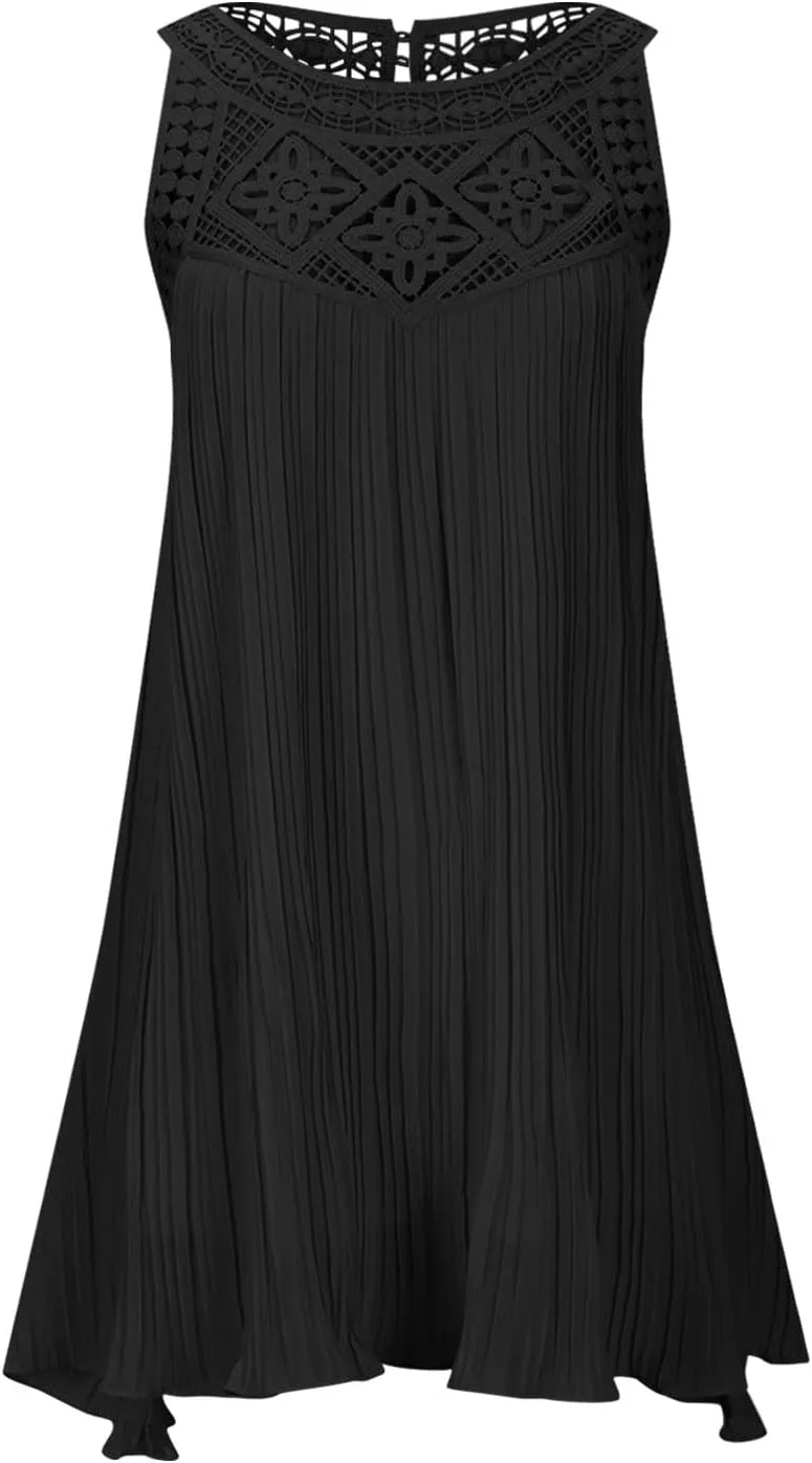 LEMONONSTORE Women Trendy Pleated Dresses Sleeveless Crochet Lace Halter Neck Sundress Casual Summer Flowy A Line Mini Dress