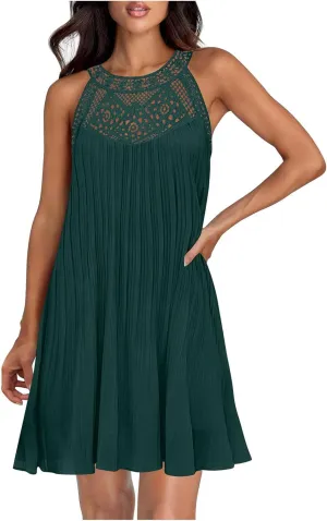 LEMONONSTORE Women Trendy Pleated Dresses Sleeveless Crochet Lace Halter Neck Sundress Casual Summer Flowy A Line Mini Dress