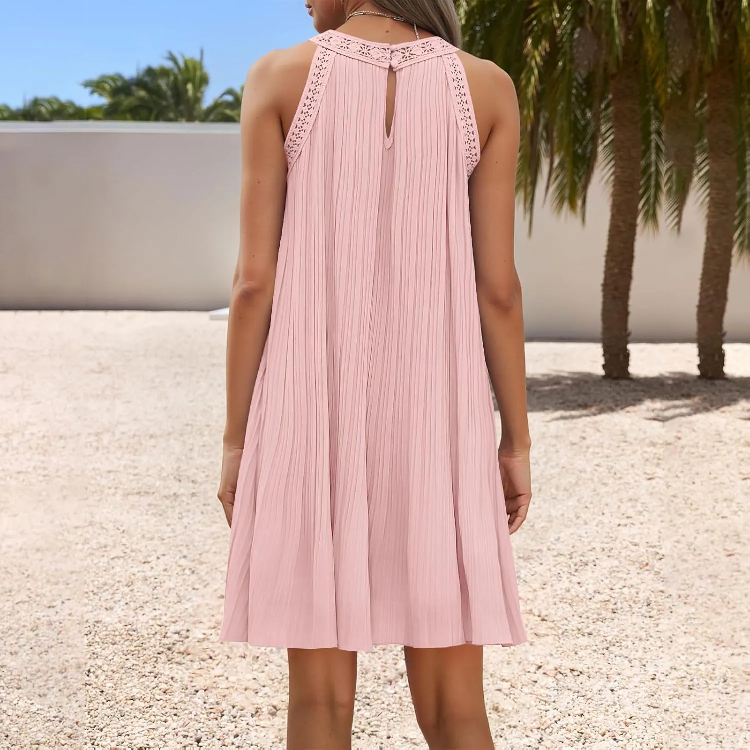 LEMONONSTORE Women Trendy Pleated Dresses Sleeveless Crochet Lace Halter Neck Sundress Casual Summer Flowy A Line Mini Dress
