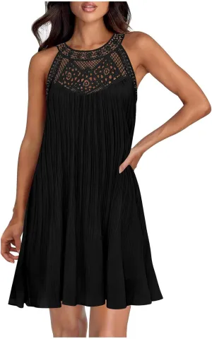 LEMONONSTORE Women Trendy Pleated Dresses Sleeveless Crochet Lace Halter Neck Sundress Casual Summer Flowy A Line Mini Dress