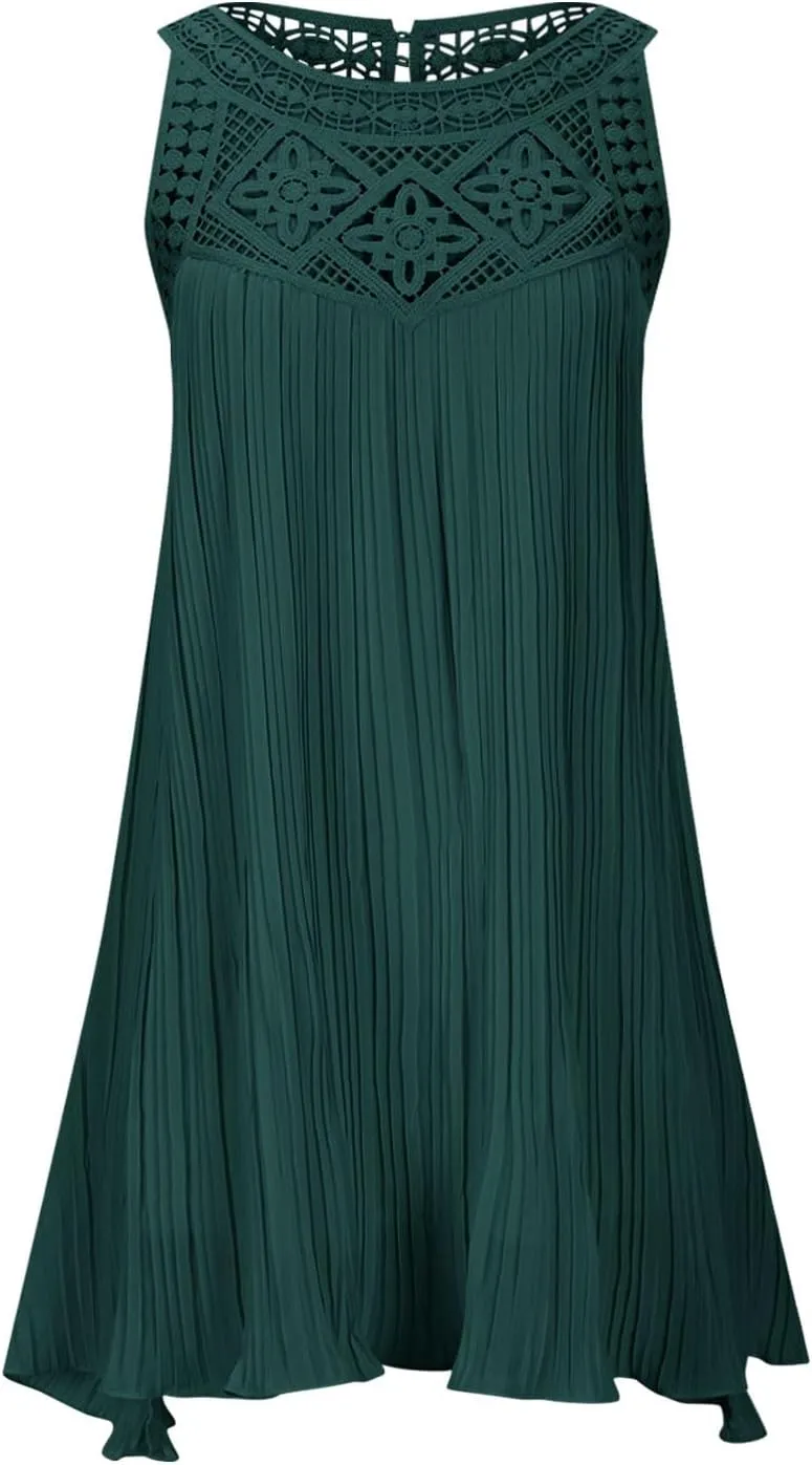 LEMONONSTORE Women Trendy Pleated Dresses Sleeveless Crochet Lace Halter Neck Sundress Casual Summer Flowy A Line Mini Dress