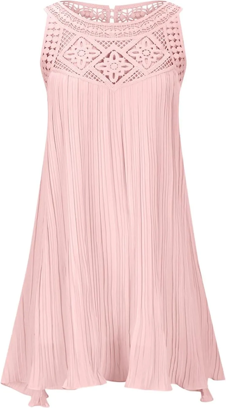 LEMONONSTORE Women Trendy Pleated Dresses Sleeveless Crochet Lace Halter Neck Sundress Casual Summer Flowy A Line Mini Dress
