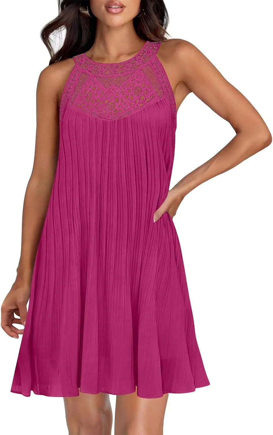 LEMONONSTORE Women Trendy Pleated Dresses Sleeveless Crochet Lace Halter Neck Sundress Casual Summer Flowy A Line Mini Dress