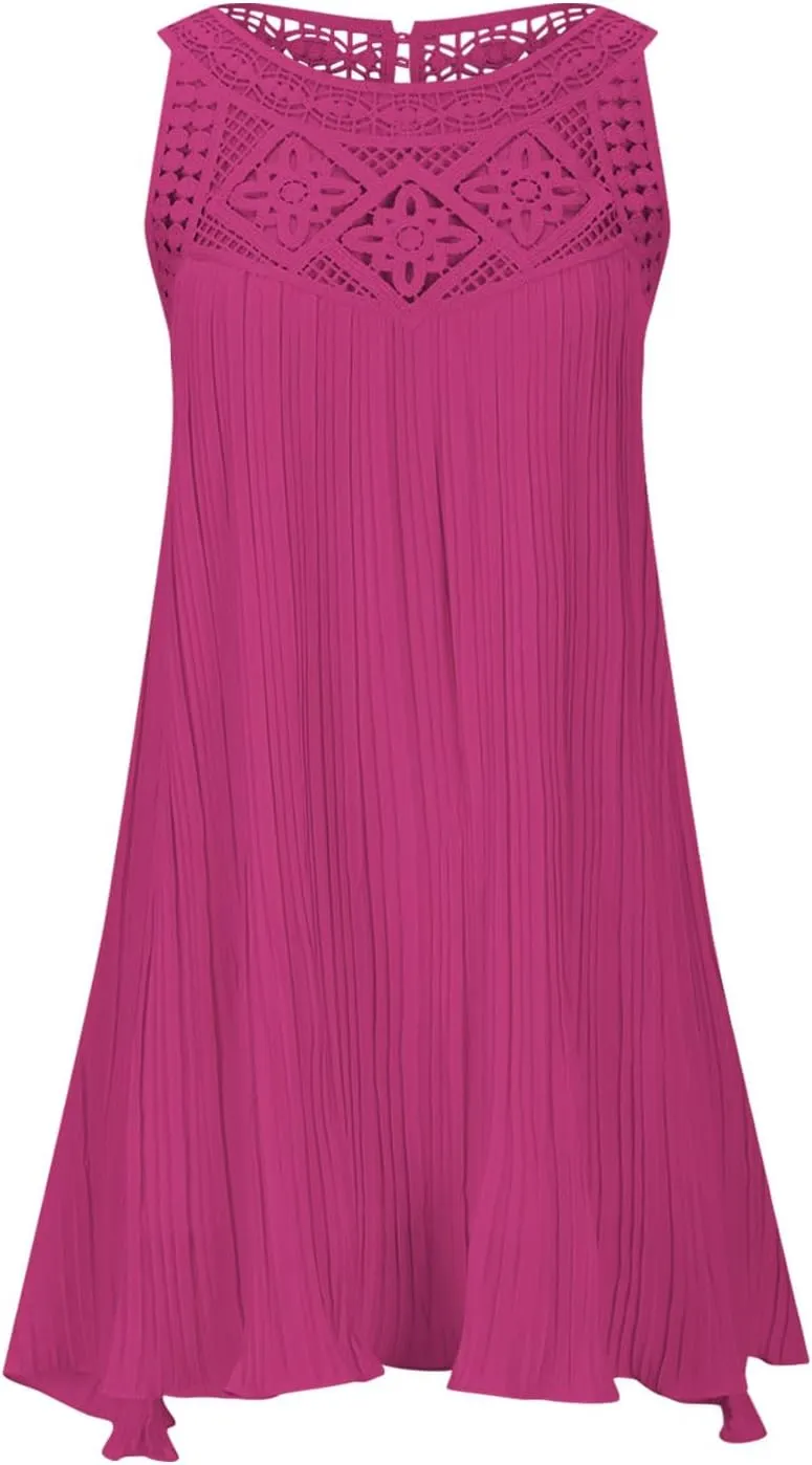 LEMONONSTORE Women Trendy Pleated Dresses Sleeveless Crochet Lace Halter Neck Sundress Casual Summer Flowy A Line Mini Dress