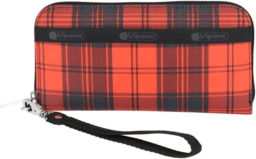 LeSportsac Red Tartan Tech Wallet Wristlet, Zip Around Wallet/Detachable Wristlet Strap, Holds Cell Phone, Style 3462/Color E944, Modern & Bold Plaid, Black & Spicy Red Evokes Strength & Positivity