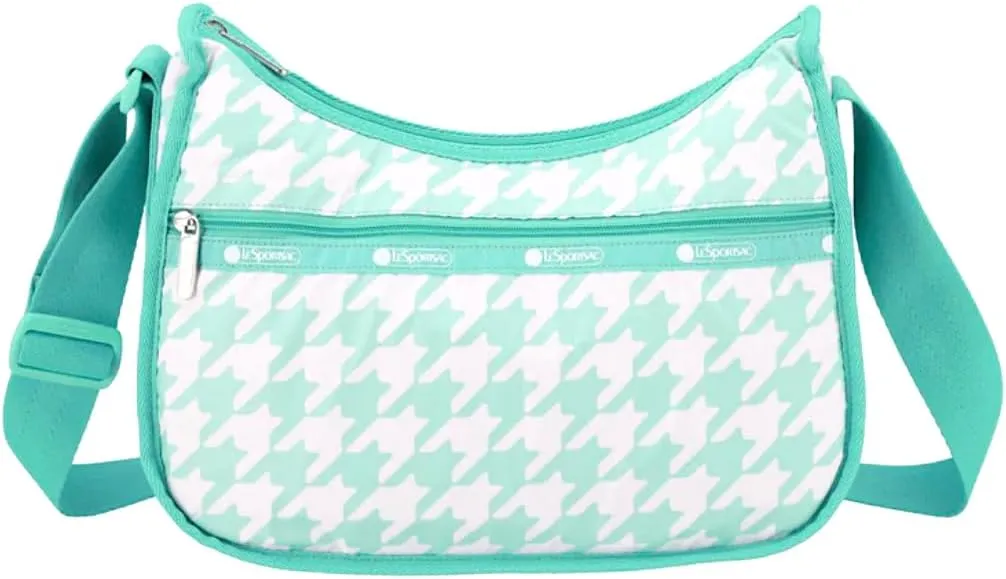 LeSportsac Willow Check Classic Hobo Crossbody Bag   Cosmetic Bag, Style 7520/Color E880, Delicate Mint Green & Crisp White Interpretive Large Format Houndstooth Check, Light Teal Trim