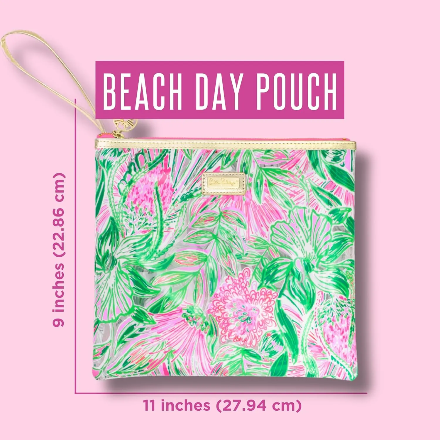 Lilly Pulitzer Water Resistant Vinyl Beach Day Pouch, Zipper Bag Includes Drink Hugger, Small Pouch, and Towel Clips