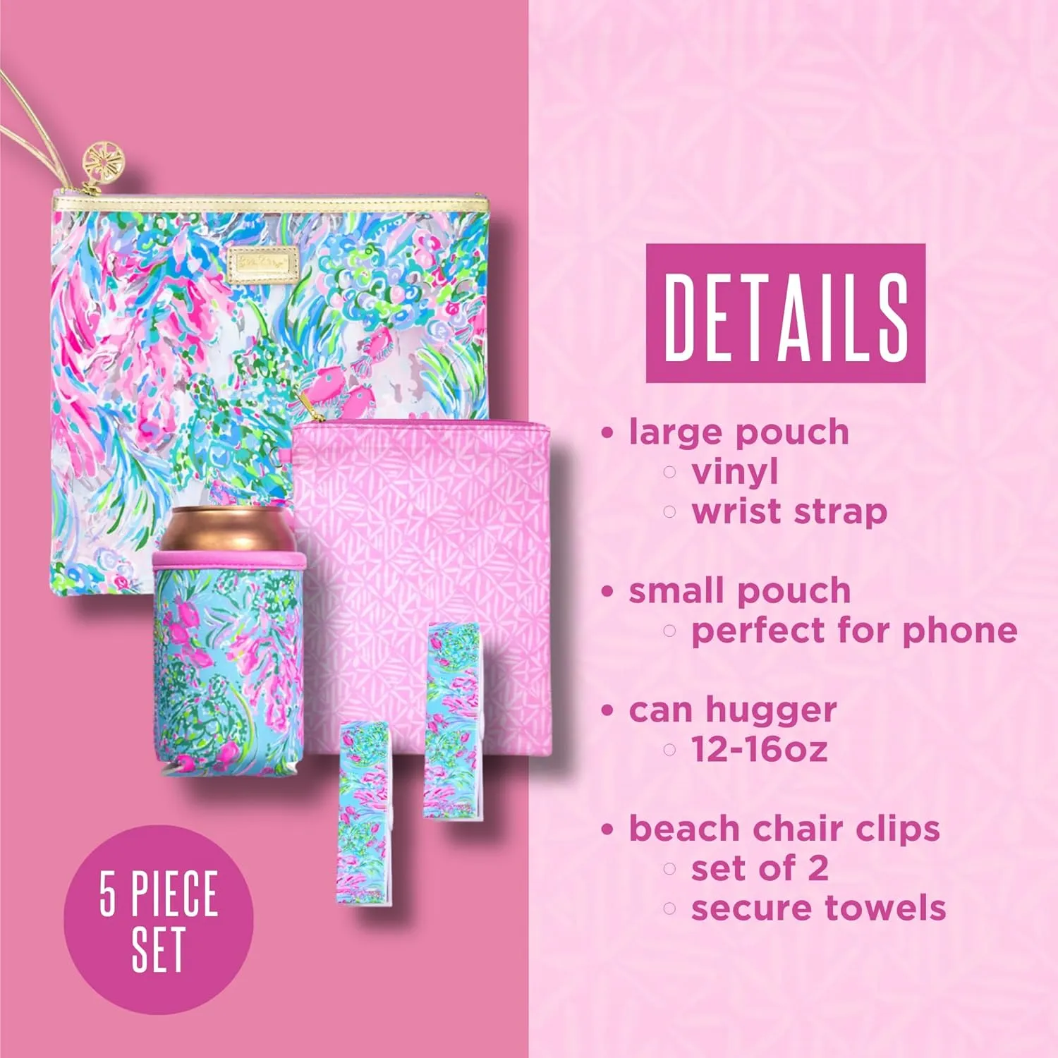 Lilly Pulitzer Water Resistant Vinyl Beach Day Pouch, Zipper Bag Includes Drink Hugger, Small Pouch, and Towel Clips