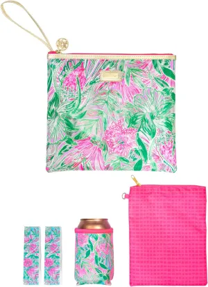 Lilly Pulitzer Water Resistant Vinyl Beach Day Pouch, Zipper Bag Includes Drink Hugger, Small Pouch, and Towel Clips